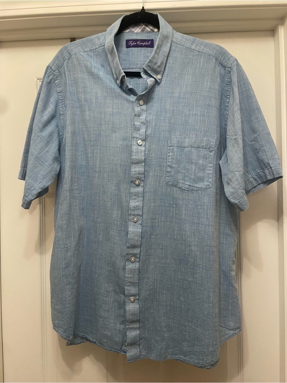Men's Light Blue cotton Short-Sleeve Button-Down Shirt by Tyler Campbell